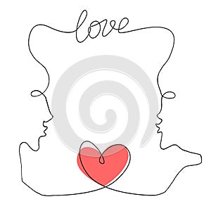 Abstract frame in line art style with lovers, red heart and inscription love. Hand drawn illustration. Vector backdrop, border,