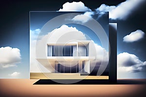 An abstract framed wallart featuring a modern house in the clouds and a beautiful sky, made with generative ai