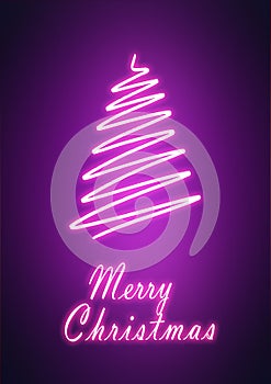 Abstract freehand neon purple glowing Christmas tree on dark background