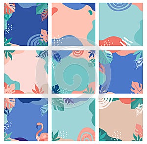 Abstract fresh and trendy design, set of modern summer sale post templates with rainbow, flamingo, pineapple, ice cream