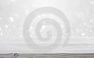 Abstract frosty background and empty wooden table for winter decoration