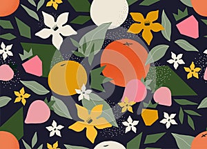 Abstract fruit flower pattern. Plant floral print, modern summer geometric collage, jungle leaf. Contemporary decor