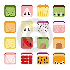 Abstract fruit icons set. Square shaped cube block fruits. Watermelon, citrus pomegranate kiwi apple pear, dragon fruit, avocado