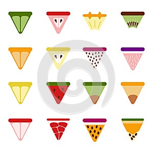 Abstract fruit icons set. Triangular fruits for menu. Watermelon, citrus pomegranate kiwi apple pear, dragon fruit, avocado plum,