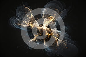 abstract fume explosion, dizzying effect on dark background with trace of black streaks