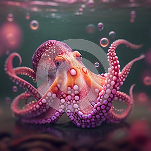 Abstract funny adorable purple pink octopus with bubbles background. Generative Ai