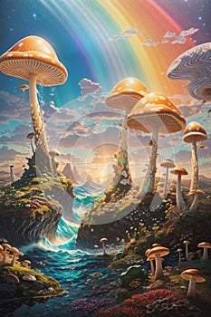 abstract and futurictic oil painting of giant photosynthetic mushrooms