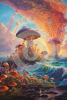 abstract and futurictic oil painting of giant photosynthetic mushrooms