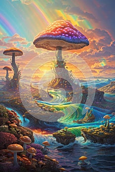 abstract and futurictic oil painting of giant photosynthetic mushrooms