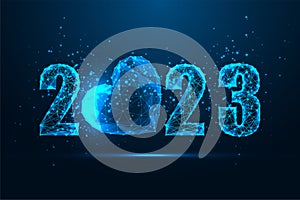Abstract futuristic 2023 Happy New Year digital web banner with festive glowing heart on dark blue