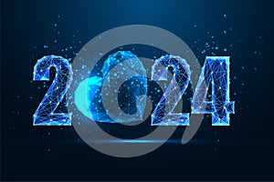 Abstract futuristic 2024 Happy New Year digital web banner with festive glowing heart on dark blue