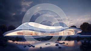 Abstract Futuristic Architecture Building Concept. Wave Outdoor Structures. Minimal Futuristic Technology Design