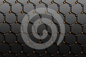 Abstract futuristic background with black hexagons and shiny golden and black spheres.