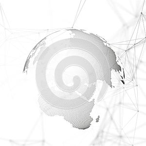 Abstract futuristic background with connecting lines and dots, polygonal linear texture. World globe on white. Global