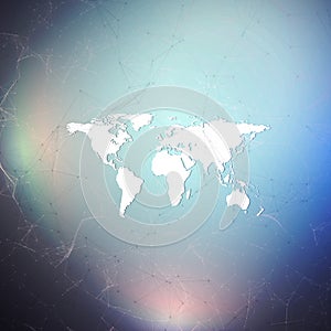 Abstract futuristic background with connecting lines and dots, polygonal linear texture. World map on blue. Global