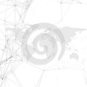 Abstract futuristic background with connecting lines and dots, polygonal linear texture. World map on white. Global