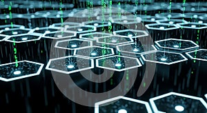 Futuristic Digital Hexagon Grid with Falling Binary Code, Abstract Technology Background