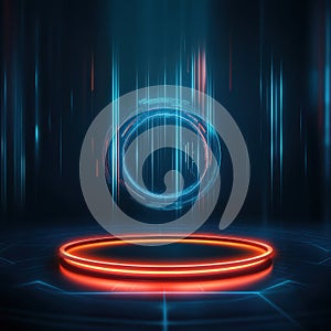 Futuristic Neon Stage and Abstract Glowing Rings Background.