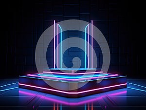 Abstract futuristic background with neon glow. Empty catwalk for product presentation.