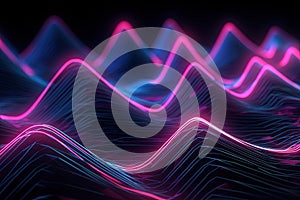 Dynamic Data Transfer: Abstract Futuristic Background with Neon Wave Lines, Pink-Blue Glow, Bokeh Lights, Ai Generative