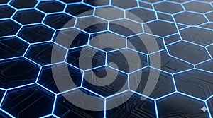 Abstract futuristic blue glowing hexagonal grid texture. Generative AI.