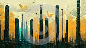 Abstract futuristic buildings in city on watercolor painting. City on digital generated illustrated contemporary art photo