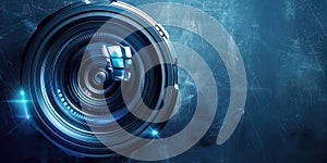 Abstract futuristic camera lens on dark background, with copy space