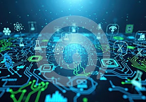 Abstract futuristic circuit board technology network data flow global connection digital landscape