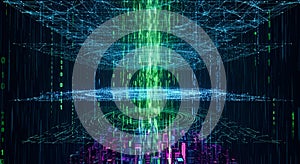 Abstract Digital Cityscape with Data Flow and Binary Code