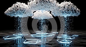 Abstract Futuristic Cloud Computing Data Rain and Glowing Geometric Network