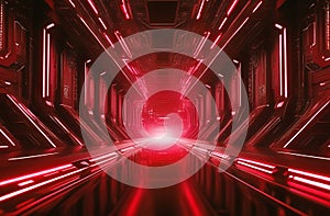Abstract futuristic corridor or tunnel background, red neon light