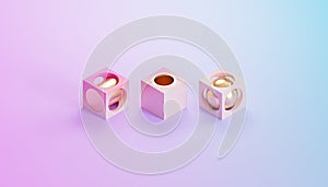 Abstract futuristic cube and cylinder objects on gradient background, minimal 3d render