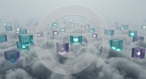 Abstract Futuristic Cubes Floating Above Clouds