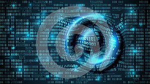 Abstract futuristic cyberspace with binary code and circular waves on the surface, matrix background with digits, big data