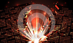 Abstract futuristic cyberspace with a hacked binary data, explosion with rays of light, blown-up binary code, matrix background