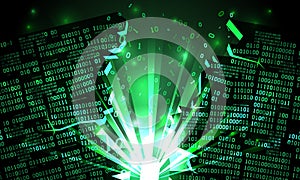 Abstract futuristic cyberspace hacked array of binary data, explosion with rays of light, blown-up binary code, matrix background