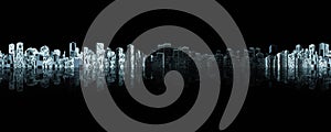 Abstract futuristic dark city night sky line 360 degree panorama with simple shapes 3d render illustration