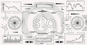 Abstract futuristic dashboard with currency charts on a white background. Sia Decentralized Storage sign