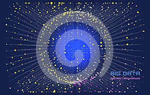 Abstract futuristic data massiv with sphere from rays connecting color dots on dark. Sphere in array databox. Concept