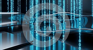 Abstract Blue Binary Code Falling Rain Digital Data Stream on Futuristic Reflective Surface