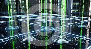 Futuristic Digital Matrix with Binary Code Rain in Neon Cityscape