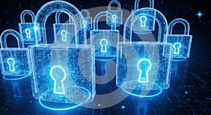 Abstract futuristic digital padlocks representing secure data and network protection concepts