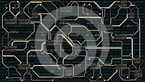 Abstract futuristic electronic circuit board with binary code, computer digital technology background, well organized layers