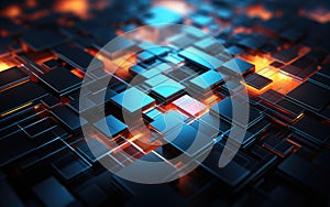 Abstract futuristic geometric background in navy blue and orange colors. Polygonal rectangular lines, shapes, repeating