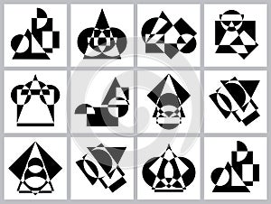 Abstract futuristic geometric figures, shapes of symmetry and asymmetry. Set of black and white pattern backgrounds