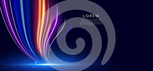 Abstract futuristic glowing neon multi color lines. Hi speed motion moving concept on dark blue background