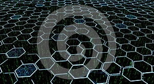 Abstract Futuristic Hexagonal Grid with Green Binary Code Data Stream