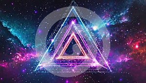 Abstract futuristic holographic triangle shape on starry space universe background