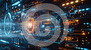 Abstract futuristic HUD interface background with digital overlays and data visualizations, perfect for sci-fi and technology-