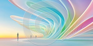 Abstract futuristic landscape with ethereal figures walking towards radiant, colorful waves in a surreal dreamlike photo